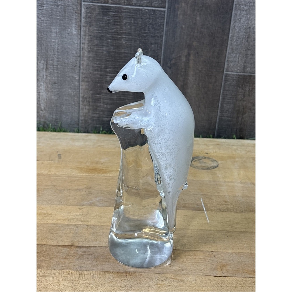 Vintage Murano Style Art Glass Polar Bear Figurine Clear White Italian Style